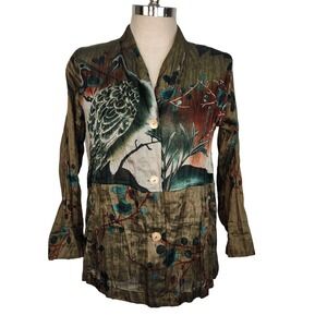 Citron Santa Barbara Petite L Linen Blend Crinkle Blouse Bird Crane Print Luxe